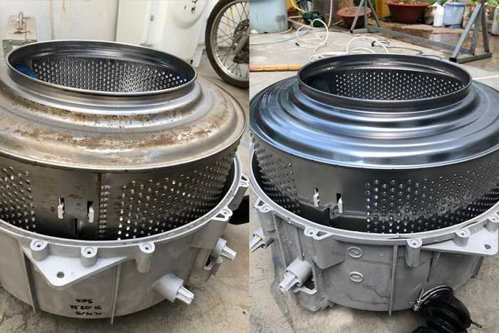 Tambor de máquina antes e depois de higienização